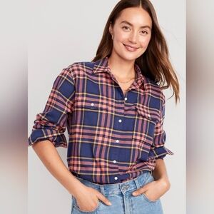 NWT Old Navy Plaid Button-Down Shirt - Navy and Pink (The Boyfriend Shirt)